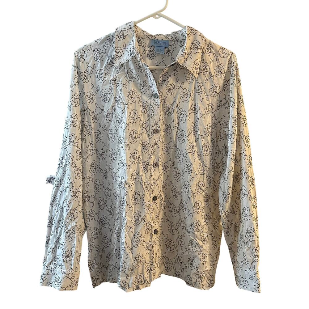 So Blue Ingrid‎ Olsen White Black Floral Embroidered Button Up Blouse Size Large